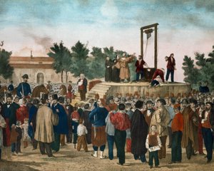 A execução em 13/03/1858 de Felice Orsini (1819 - 1858) e Pieri, que realizou o ataque de 14 de janeiro de 1858 contra Napoleão III na Place de la Roquette em Paris Litografia do final do século XIX. Coleção particular de Milão de Unknown artist