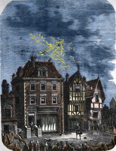 O primeiro pára-raios estabelecido por Benjamin Franklin (1706-1790) em uma casa na Filadélfia (EUA). 1760. de Unknown artist