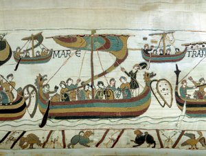 A frota de Guilherme I o Conquistador (1027-1087) atravessa o Canal da Mancha em direcção a Inglaterra. Tapeçaria ou bordado Bayeux pela Rainha Mathilde de Unknown artist