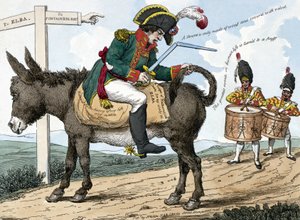 A viagem de um herói moderno, para a ilha de Elba. A viagem de um herói moderno para a ilha de Elba. Este desenho animado mostra Napoleão Bonaparte sentado num burro na estrada de Fontainebleau para a ilha de Elba; ele segura um estojo de espadas numa mão  de Unknown artist
