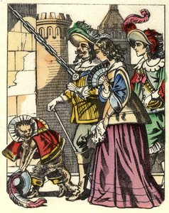O rei, a princesa e o marquês de Carabas chegam ao castelo do ogre que precede a bota do gato. Ilustração do conto "A bota do gato" de Charles Perrault de Unknown artist