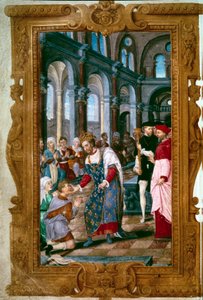 O rei toca, Deus vos ouve o rei Henrique II (1519-1559), o taumaturge, guerreiros fartos de ecrouelles na abadia de São Marcoul, logo após a cerimônia da coroação de Reims. Perto dele, o arco de Reims. Miniatura de "As Horas de Henrique II" 154 de Unknown artist