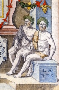 Os deuses leares: eles protegem a casa e seus habitantes (eles são os espíritos dos antepassados). A gravura do século XVI de Unknown artist