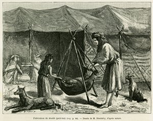 A fabricação de leite pelas mulheres de pastoras da região de Karoun. Gravura para ilustrar a história La Perse, la Chaldee et la Susiane de Jane Delafoy (1851-1916), oficial da academia, em le tour du monde 1886, dirigida por Edouard Charton (1807-1890),  de Unknown artist