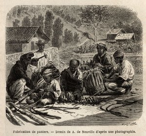 O fabrico de cestos de folhas de palmeira, para a recolha de café. Gravura para ilustrar a viagem ao Brasil, história de M. e Mme Agassiz, em 1865-1866, publicada na "Le tour du monde, nouveau journal des voyages", sob a direção de Edouard Charto de Unknown artist