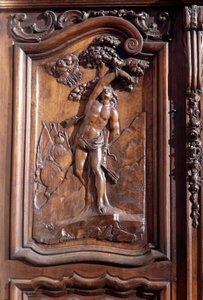 O martírio de San Sebastián, detalhe da porta de madeira esculpida da igreja da concepção imaculada, Menton. de Unknown artist