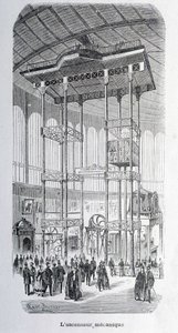 O elevador mecânico do engenheiro Edoux na exposição mundial de 1867 - grav. de Unknown artist