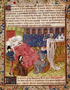 O paciente é atingido pela morte em miniatura tirada do "Le Tresor de Sapience" (ou "Le traite du jardin amoureux") de Jean Gerson (1363-1429) Chantilly do século XV, Musee Conde de Unknown artist