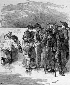Os pelerins bebem a água milagrosa de Lourdes nos altos Pirinéus, onde a Virgem apareceu a Bernadette Soubirous (1844-1879) em 1858, actual local de peregrinação. Gravura de 1877 de Unknown artist