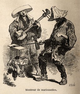 O espetáculo de marionetes e o músico que o acompanha para o entretenimento de rua. Gravura para ilustrar a viagem ao Japão, de Aime Humbert, ministro da Confederação Suíça, em 1863-1864, publicada em "le tour du monde", sob a direção de Ed de Unknown artist