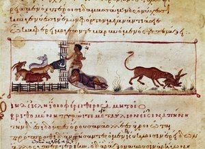 A criação de ovelhas, à direita uma lebre é devorada por um animal em miniatura retirado da ordenha de caça "The Cynegetics" de Oppian (Oppian ou Oppianus) da Síria (século III d.C.) dedicada a Caracalla. Veneza do século XI. Biblioteca Marciana de Unknown artist