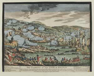 A tomada da Ilha de França (Maurícia), 2 de Dezembro de 1810 (xilogravura, de cor) de Unknown artist