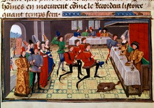 O banquete de casamento no casamento de Clarisse, filha do Rei Yvon de Gasconha e de Renaud Miniature do manuscrito "Renaud de Montauban" ou "Les quatre fils Aymon" de Loyset Liedet (activo entre 1448 e 1478). Ms. 5073. Bibliotéca do século XV. de Unknown artist