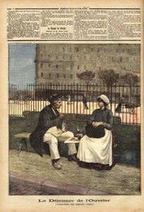 O almoço dos trabalhadores, reprodução da pintura de Henri Cain (1859-1930), pintor e dramaturgo. Gravura em "Le petit journal" 18/04/1891. A coleção de Selva. de Unknown artist