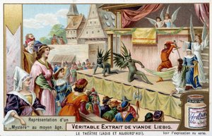 Teatro: representação de um mistério na Idade Média - Cromolitografia de Liebig de Unknown artist