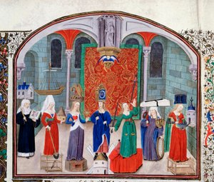 Teoria das virtudes teologais e cardeais. Miniatura do manuscrito (Ms 927 fol.17V) "Commentary on Political and Economic Ethics" do filósofo grego Aristóteles (383-322 BC) traduzido por Nicolas Oresme (1325-1382) de Unknown artist