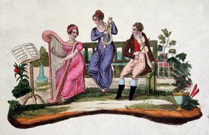 Três pessoas tocando instrumentos musicais em um jardim: harpa, lira, viola. Sd. de gravura do século XVIII. de Unknown artist