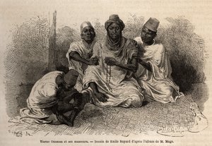 Tierno Ousman, da tribo Toucouleur, chefe da aldeia de Guemmou Koura (Mali), segurando um rosário muçulmano com grandes grãos, rezando suas orações, enquanto seus massagistas massageiam suas costas e pernas. Gravura para ilustrar a viagem ao Sudão Ocidenta de Unknown artist