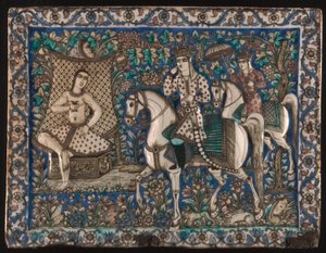 Azulejo representando Khusrau a tomar banho com Shirin de Unknown artist