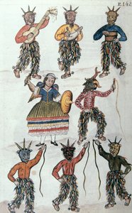 Dança tradicional dos Diablicos no Peru, do livro "Trujillo del Peru" ou "Códice Martínez Compañón", de Baltazar Martinez Compañón y Bujanda, bispo de Trujillo (1782-1785) de Unknown artist
