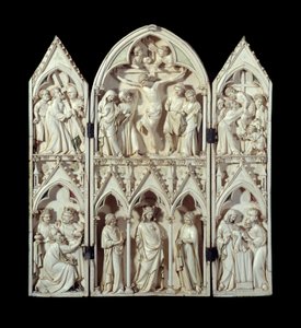 Tríptico de Saint-Sulpice du Tarn: Carro da Cruz, Crucificação, Descida da Cruz, Adoração dos Magos, Virgem Gloriosa, Apresentação no Templo. Meias de marfim esculpidas em relevo. Por volta de 1300 Paris, Museu Nacional da Idade Média, Termas d de Unknown artist