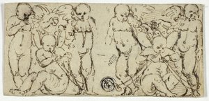 Dois grupos decorativos de Putti com trombetas e frutas de Unknown artist