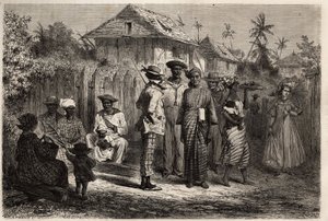 Tipos de indígenas Cayenne (Guiana Francesa), mulheres vestidas de madras (vestido com nós) e vestidas com turbantes coloridos, os homens adotaram o traje ocidental. Gravura para ilustrar a viagem na Guiana Francesa em 1862-1863, de Frederic Bouyer, ca de Unknown artist