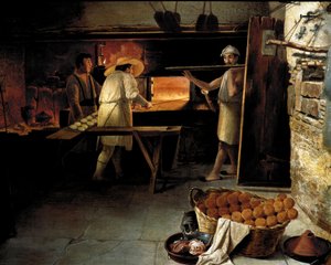 Vista do interior de uma padaria Pasteleiros assam o pão no forno. Pintura anónima do século XVIII. Roma, Museo del Folklore de Unknown artist