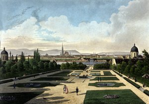 Vista do Belvedere de Viena, palácio barroco austríaco construído por Eugene de Savoye. Litografia do século XIX de Unknown artist