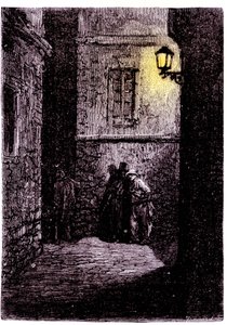 Vista de uma viela escura no bairro de Whitechapel, em Londres. Gravura do século XVIII de Unknown artist
