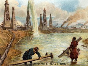 Vista dos poços de petróleo em Baku, Azerbaijão. cromolitografia de cerca de 1890. de Unknown artist