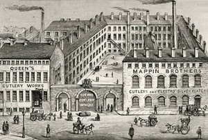 Vista da fábrica de cutelaria Mappin Brothers em Londres. Pormenor do anúncio de 1891. Gravura. de Unknown artist