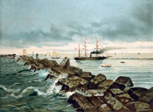Vista do Canal de Suez inaugura em 17/09/1869. Cromolitografia do século XIX de Unknown artist
