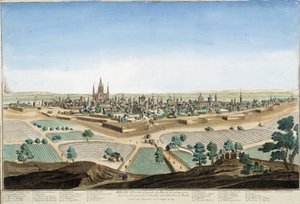 Vista da cidade de Milão, Itália, com a catedral e as fortificações. Gravura do século XVIII. de Unknown artist