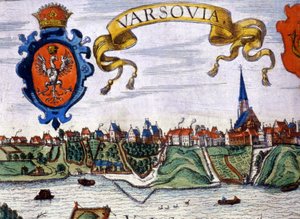Vista da cidade de Varsóvia com o brasão da cidade. 1780. de Unknown artist