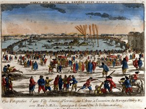 Vista da festa dada em Florença nas margens do rio Arno pelo Grão-Duque da Toscana por ocasião do casamento de Henrique IV com Maria de Médicis, em 1600. Gravura. de Unknown artist