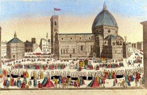 Vista da grande catedral de Florença (Duomo Santa Maria del Fiore), realizada por Filippo Brunelleschi, no dia da procissão do Santo Deus. 1790 por volta de 1790. de Unknown artist