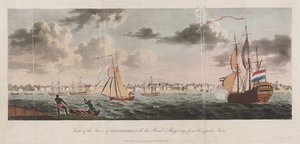 Vista da cidade de Paramaribo, com a estrada e a navegação a partir da margem oposta de Unknown artist