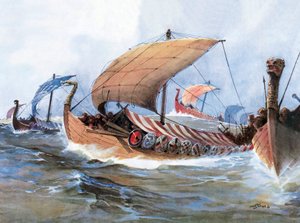 Barco Viking em trânsito em direcção à Normandia, aguarela de Unknown artist