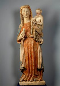 Virgem e Criança A Virgem segura uma pomba na mão. Escultura em pedra policromada. Século XV. Igreja de Montaigu les Bois. de Unknown artist