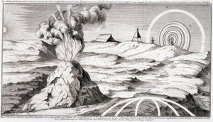 Vulcão na montanha de Cotopaxi - em "Viagem Histórica da América do Sul feita pela Ordem do Rei de Espanha por Don George Juan e Don Antoine de Ulloa", T.1, no C.A. Jombert, Librairie du Roi, Paris de Unknown artist