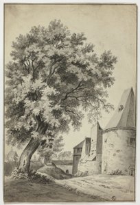Aldeia murada e árvore alta de Unknown artist