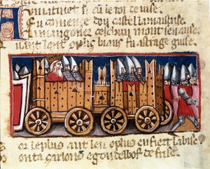 Máquinas de guerra, precursor do tanque de armas, usado por Carlos Magno contra os Mouros de Espanha - em "Entrada de Espanha", manuscrito do século XIV. Biblioteca Marciana, Veneza. de Unknown artist