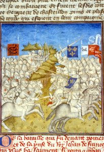Guerra dos Cem Anos: Batalha de Poitiers - em "Grandes Crônicas de Saint-Denis", final do século XIV (ref. 512, 392v) de Unknown artist