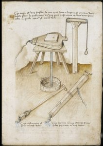 Instrumentos de bombeamento de água - Manuscrito: folha de pergaminho de um manual de engenharia para a construção de edifícios civis, religiosos e militares, anónimo, finais do século XV (figura em tinta chinesa) de Unknown artist
