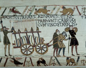 Armas e vinho são trazidos para os navios durante o reabastecimento para a conquete da Inglaterra pelas frotas de Guilherme o Conquistador (1027-1087) em 1066 Detalhe da tapeçaria de Bayeux ou Bordados da Rainha Mathilde de Unknown artist