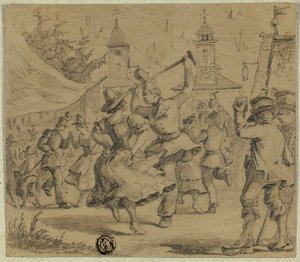 Mulheres e soldados a dançar na praça da aldeia de Unknown artist