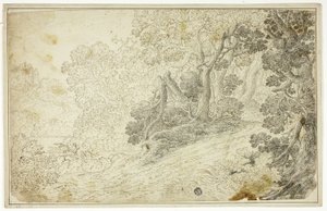 Paisagem arborizada do rio com vista do castelo de Unknown artist