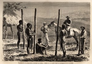 Trabalhadores das Novas Hébridas (ou desde 1980, a República de Vanuatu, um arquipélago melanésio no norte da Nova Caledônia), construindo uma casa, que o autor encontra durante uma excursão a cavalo. Engravure pour illustrrer le voyage à la Nouvelle Caled de Unknown artist
