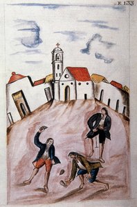 Jovens índios brincando com uma pião, do livro "Trujillo del Peru" ou "Códice Martínez Compañón", de Baltazar Martinez Compañón y Bujanda, bispo de Trujillo (1782-1785) de Unknown artist
